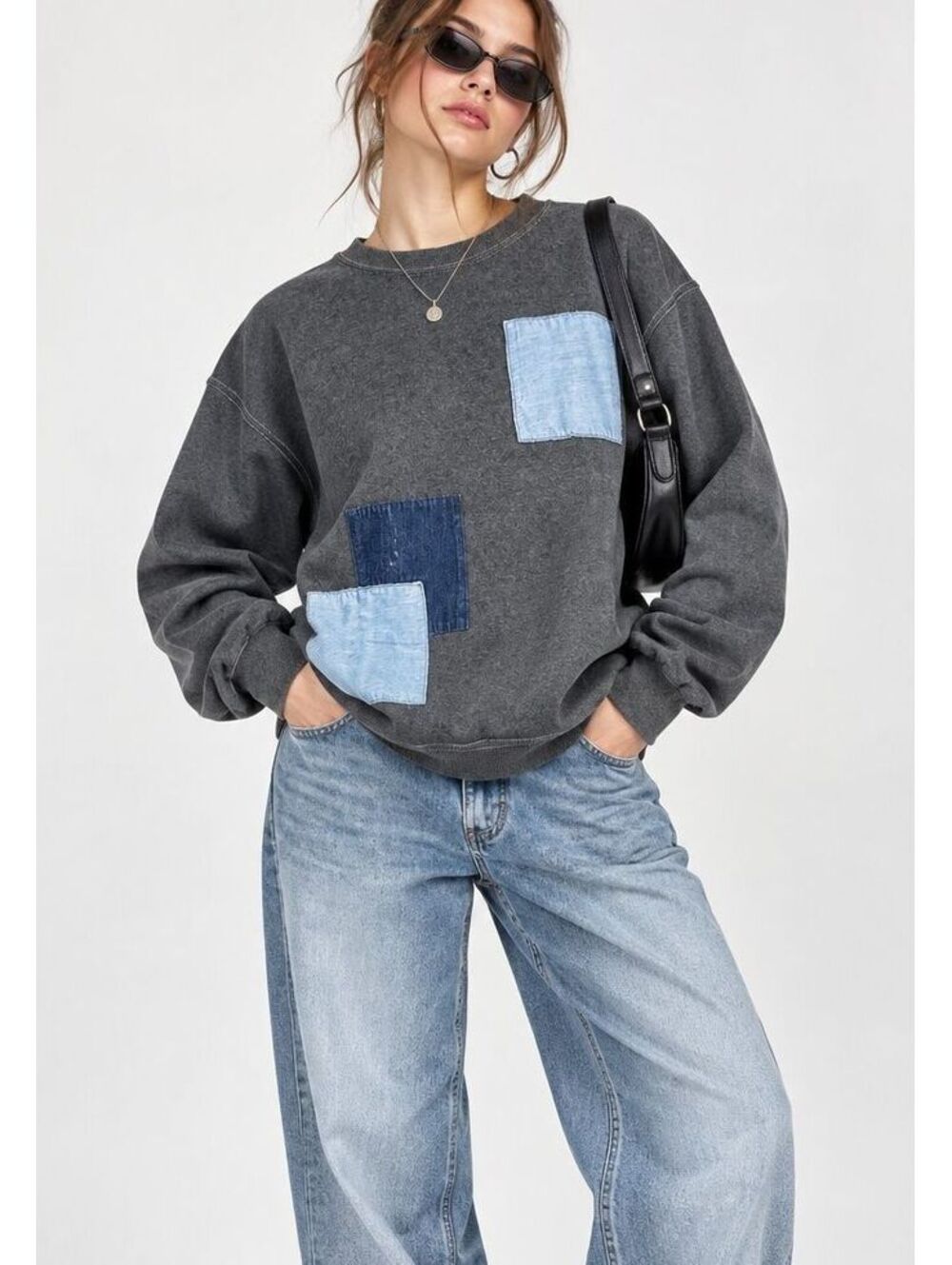 Vintage Planet Hollywood Denim Patchwork Sweatshirt Y2K Art To Wear Crewneck M